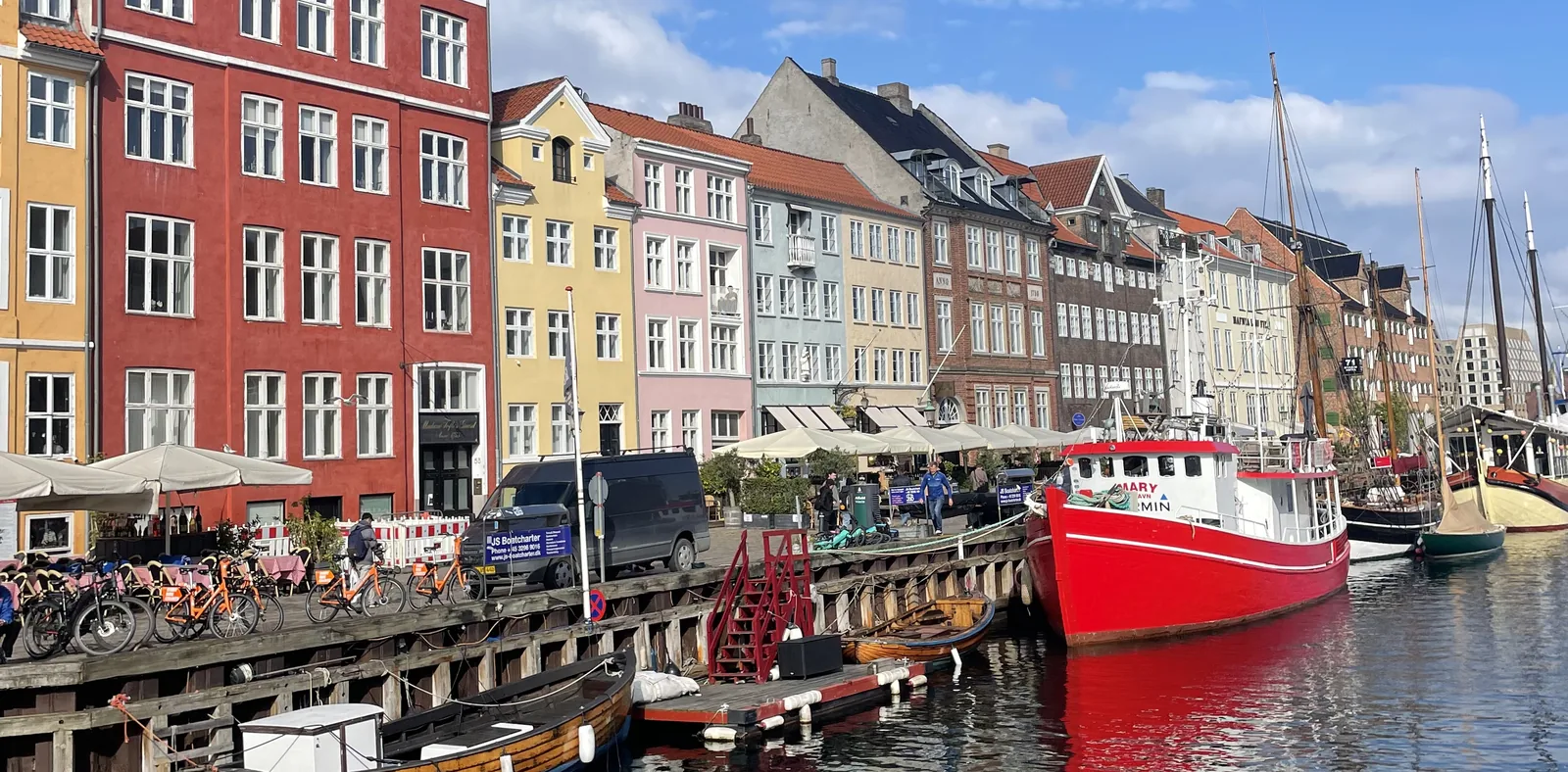 Nyhavn harbour in Copenhagen, with colourful townhouses and wooden boats
