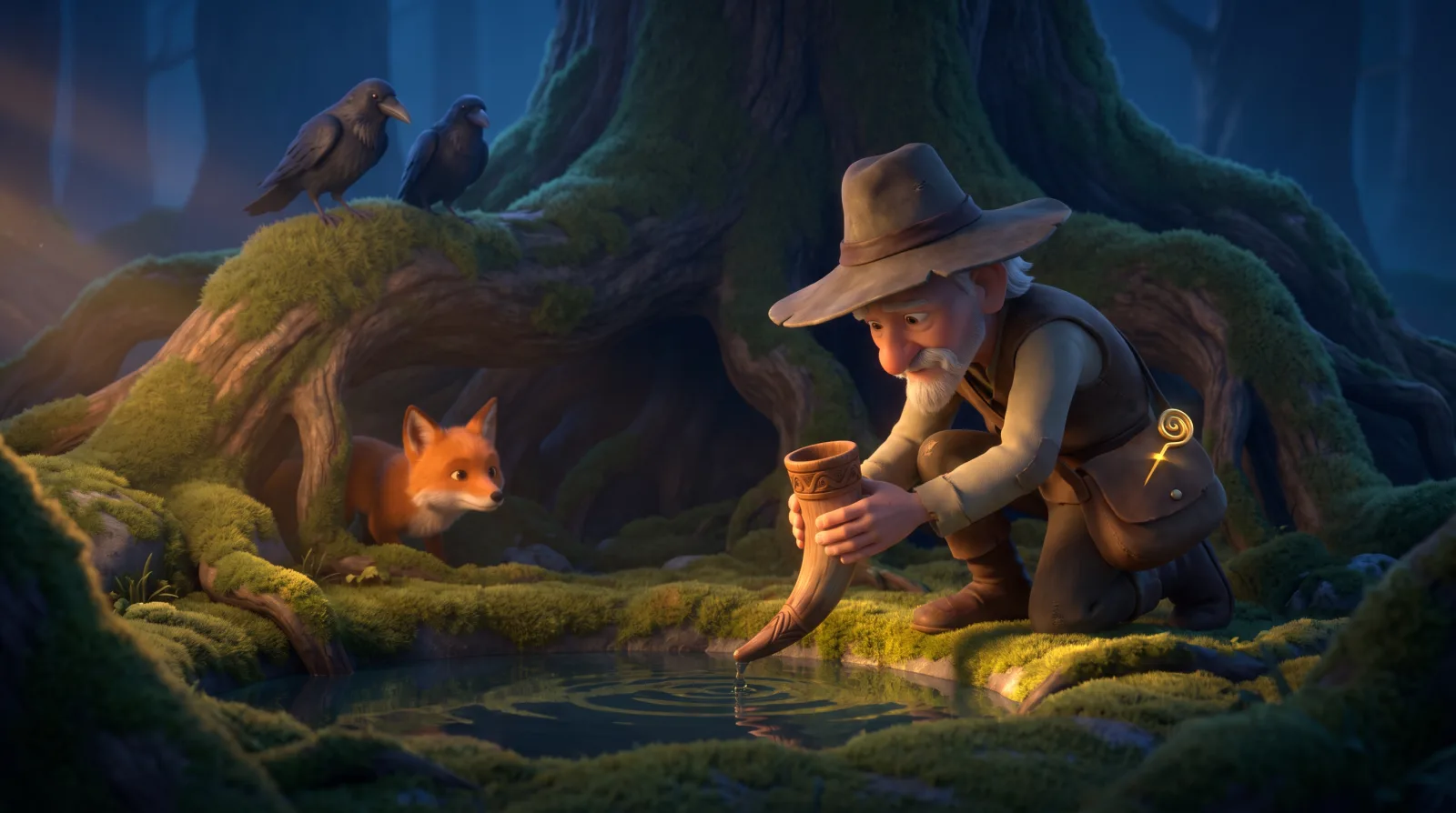 A traveller kneeling at the well beneath the world tree, ravens above